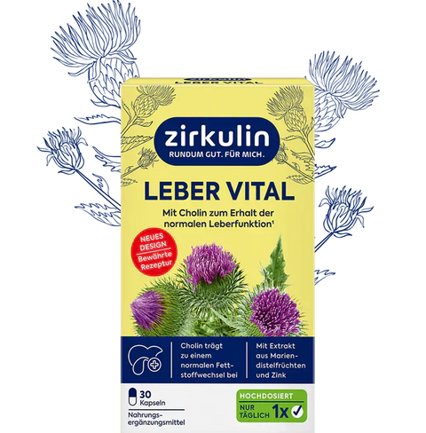 Zirkulin Leber Vital Verpackung mit Mariendistelabbildung auf gelbem Hintergrund. Blog von bester-kauf.ch