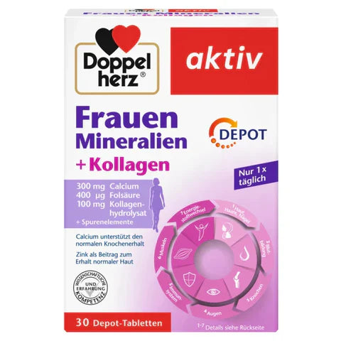 Doppelherz Frauen Mineralien + Kollagen – Nahrungsergänzung mit Calcium, Folsäure, Zink und Kollagenhydrolysat für Haut, Haare, Nägel und Knochen.