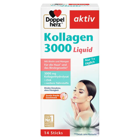 Produktverpackung Doppelherz Kollagen 3000 Liquid, 14 Sticks mit Biotin, Zink und 3000 mg Kollagen Blog von bester-kauf.ch