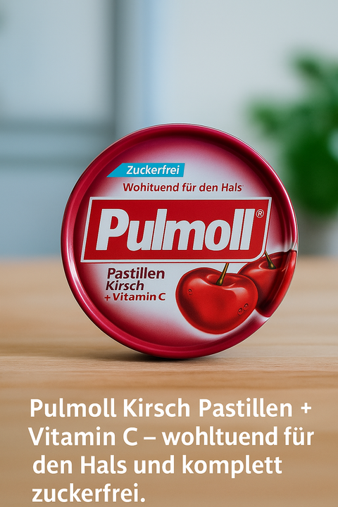 Pulmoll Kirsch Pastillen mit Vitamin C in roter Dose auf Holztisch, Hochformat, Produktfoto für Blog. Blog von bestrer-kauf.ch