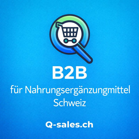 B2B für Nahrungsergänzungsmittel Schweiz – q-sales.ch Visual mit Lupe/Einkaufswagen-Logo auf karibikblauem Hintergrund. Mehr unter q-sales.ch ein Tochterunternehmen von bester-kauf.ch