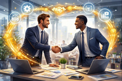 Zwei Geschäftspartner im B2B-Bereich arbeiten zusammen und profitieren gegenseitig von einer strategischen Partnerschaft. Mehr unter q-sales.ch ein Tochterunternehmen von bester-kauf.ch