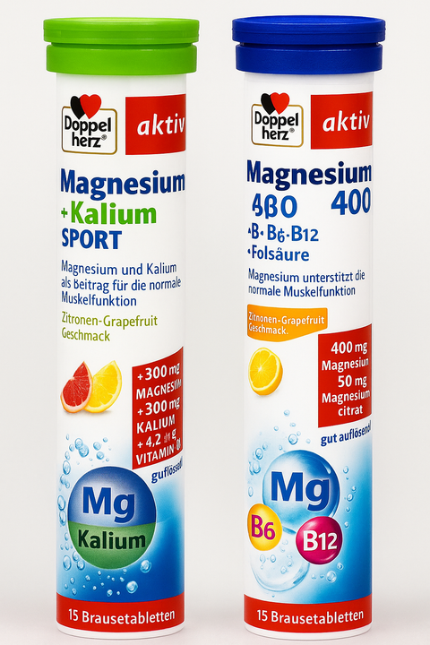 Doppelherz Magnesium Kalium Sport und Doppelherz Magnesium 400 Brausetabletten im Vergleich – Schweizer Produktdarstellung nebeneinander. Blog von bester-kauf.ch
