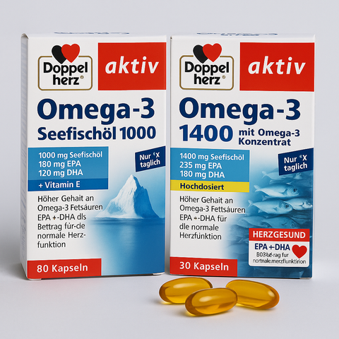 Doppelherz Omega-3 Seefischöl 1000 und Omega-3 1400 im Vergleich – Produktfoto mit Softgel-Kapseln. Blog von bester-kauf.ch
