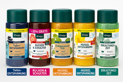Fünf Kneipp Badekristalle im Vergleich: Tiefenentspannung, Rücken & Schulter, Entspannung Pur, Muskelentspannung und Erkältungszeit – 600g Vorteilspackungen nebeneinander. Blog von bester-kauf.ch