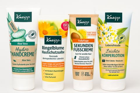 Vier Kneipp Pflegeprodukte im Vergleich – Hydro Handcreme Aloe Vera, Ringelblume Hautschutzsalbe, Sekunden Fusscreme und Leichte Körperlotion Lebensfreude nebeneinander stehend. Blog von bester-kauf.ch