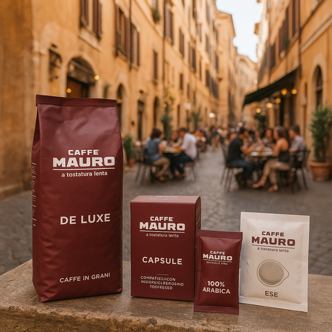 Caffè Mauro Kaffeeprodukte mit Bohnen, Kapseln und Pads auf einem Steinsockel in einer italienischen Altstadt. Blog von bester-kauf.ch