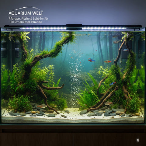 Aquarium mit Pflanzen und Fischen – Süßwasserbecken mit Filtertechnik und LED-Beleuchtung.