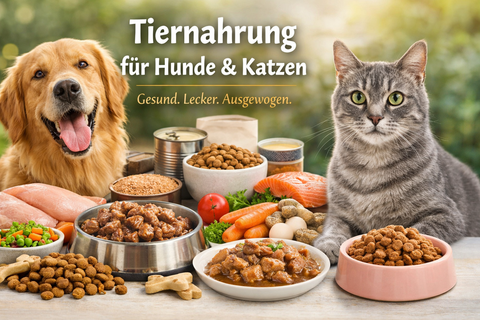 Übersicht Tiernahrung für Hunde und Katzen mit Nass- und Trockenfutter, Zutaten und Futterschalen in der Schweiz