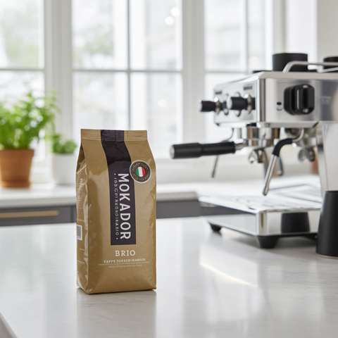 Mokador Brio 1kg: Ganze Bohnen für eine standfeste Schaumkrone – perfekt für Schweizer Büro-Kaffeemaschinen.
