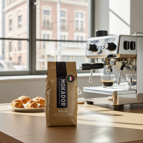 Kaffeevorrat 1kg Schweiz: Mokador Brio 60/40 – preiswerte Espressobohnen mit starkem Koffein-Gehalt.