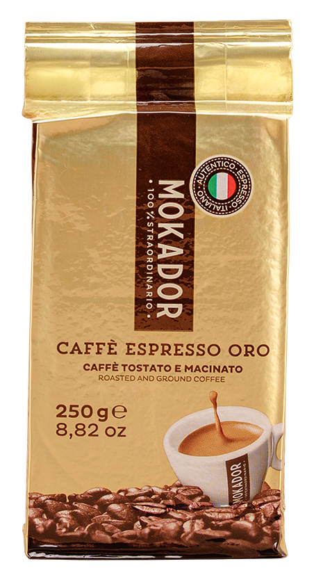 Mokador Oro 90/10 gemahlen: Kompakte 250g Packung mit Aromaschutz für langanhaltenden Kaffeegenuss.