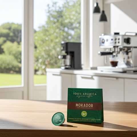 Nachhaltige Espresso-Pads: Mokador Bio 100% Arabica – umweltfreundlich und einzeln aromaverpackt.
