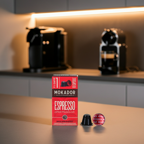 Der ideale Begleiter für die Kaffeepause: Mokador Aromatico 100 Kapseln für Espresso & Lungo.