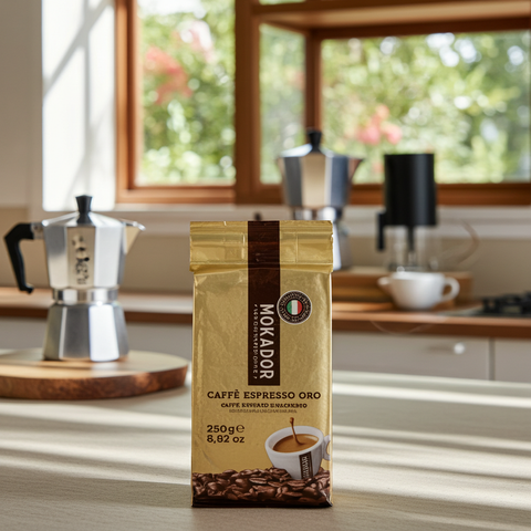 Mokador Oro 250g: Gemahlener Espresso mit 10% Robusta-Anteil für extra Körper und wenig Säure.