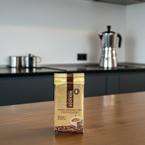 Mokador Oro gemahlen 250g: Samtige Textur und reiches Aroma für Liebhaber von klassischem Espresso.