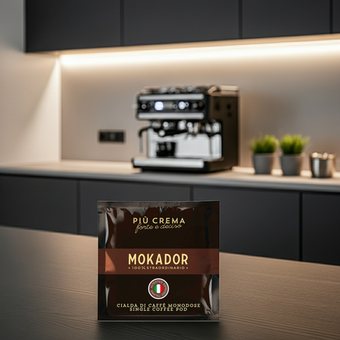 Starker Espresso aus Italien: Mokador Più Crema 40-60 (200 Pads) für eine standfeste, dunkle Schaumkrone.