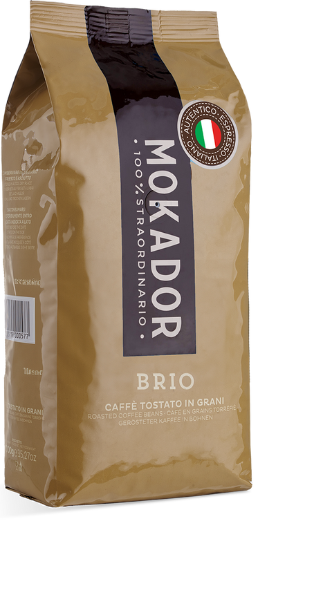 Mokador Brio 1000g: Kräftige Espresso-Mischung mit Noten von Kakao und geröstetem Brot.